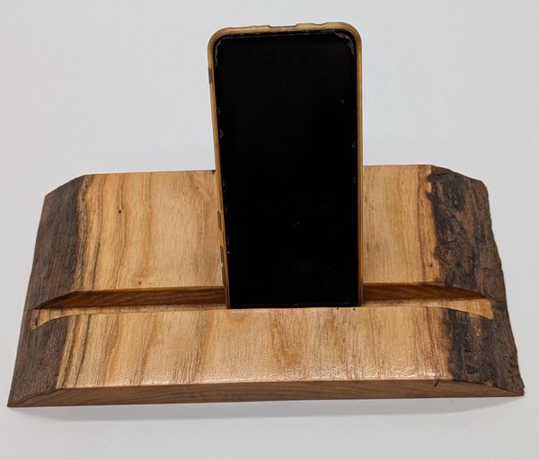 Live Edge Ash Wood Tablet and Phone Stand, 11 Inch Wooden Charging Dock, Nightstand Phone Holder, iPad Stand, Stocking Stuffer, Gift for Him