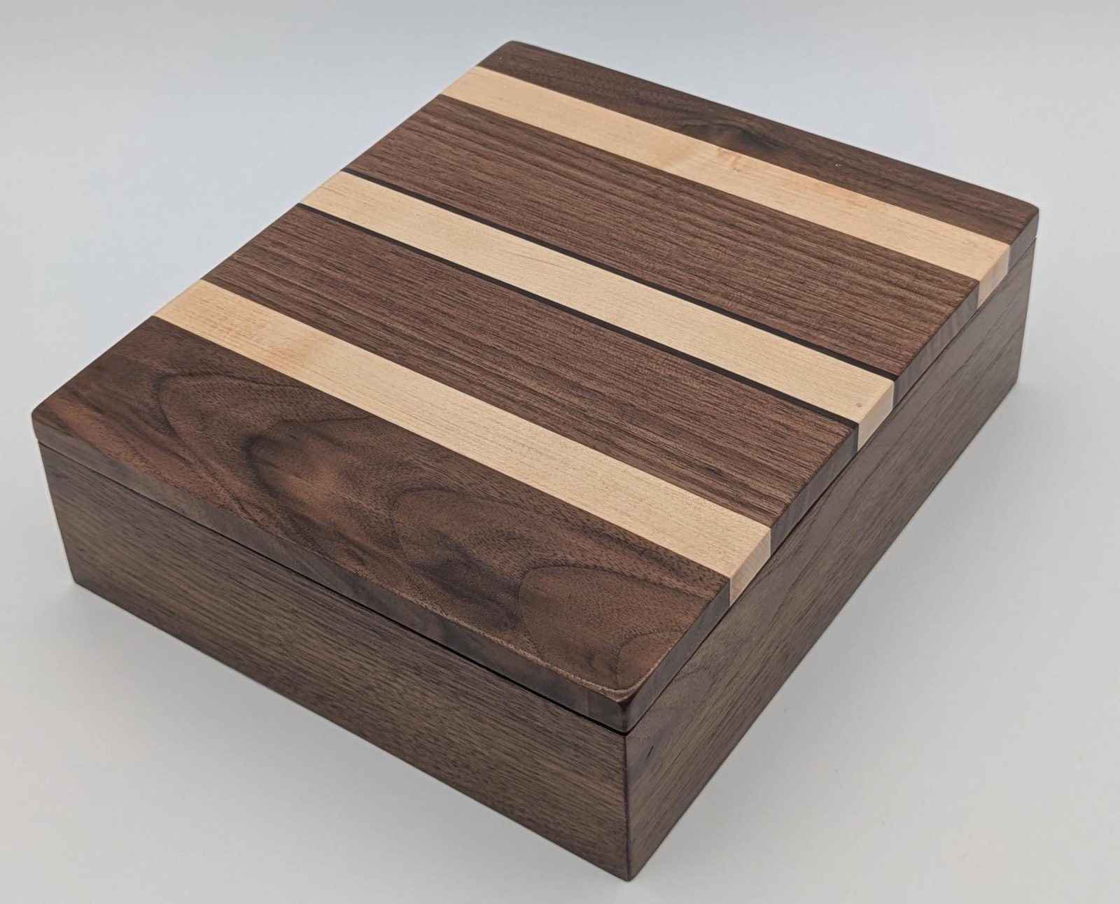 Walnut, Maple and Ebony Inlay Keepsake Box with Hinged Lid, Handmade Wooden Jewelry Box, Brass Hinges, Watch Box, Christmas Gift for Him